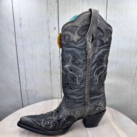 CORRAL Womens Tall Cowboy Boots 9 M Black Studded Overlay Crystal Boot C3934 NWT - Picture 12 of 13